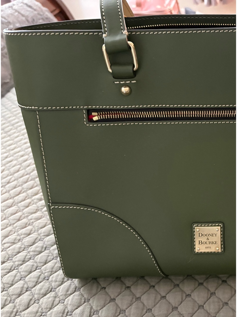 Dooney & Bourke Olive Green Leather Tote with Contrast Stitching - Picture 2 of 6